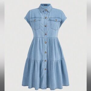 SHEIN Flap Pocket Ruffle Hem Denim Dress